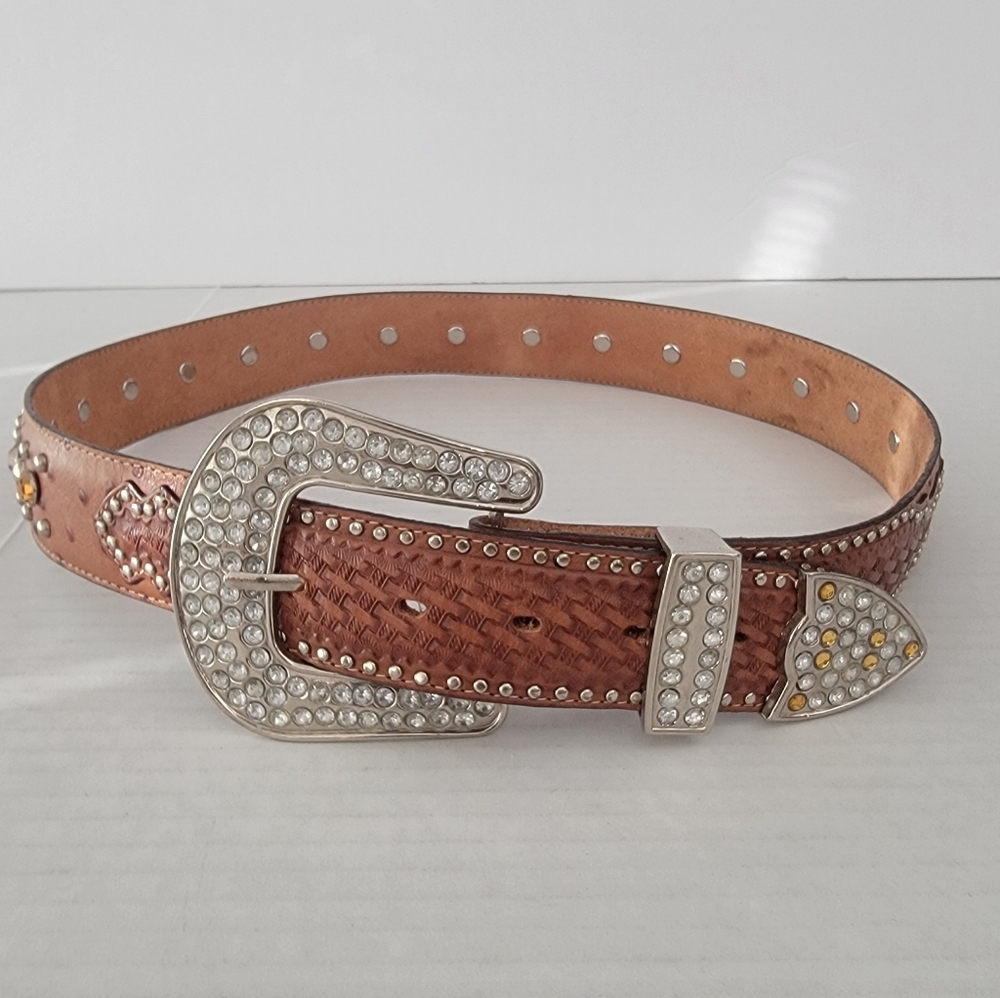 Tony Lama Women's Rhinestone Stud Blind  Leather Belt, Brown Size 36